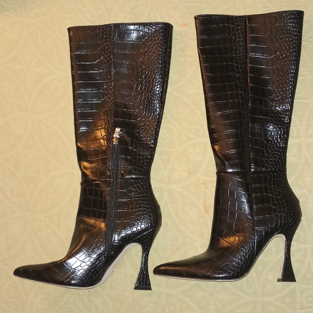 Fashion Nova Glossy Black Croc Heeled Boots